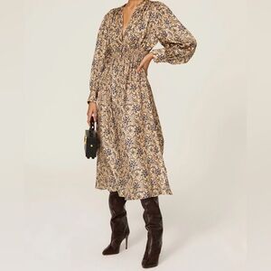 Sandro Blue and Gold Floral Paisley Midi Dress V-Neck size FR 38